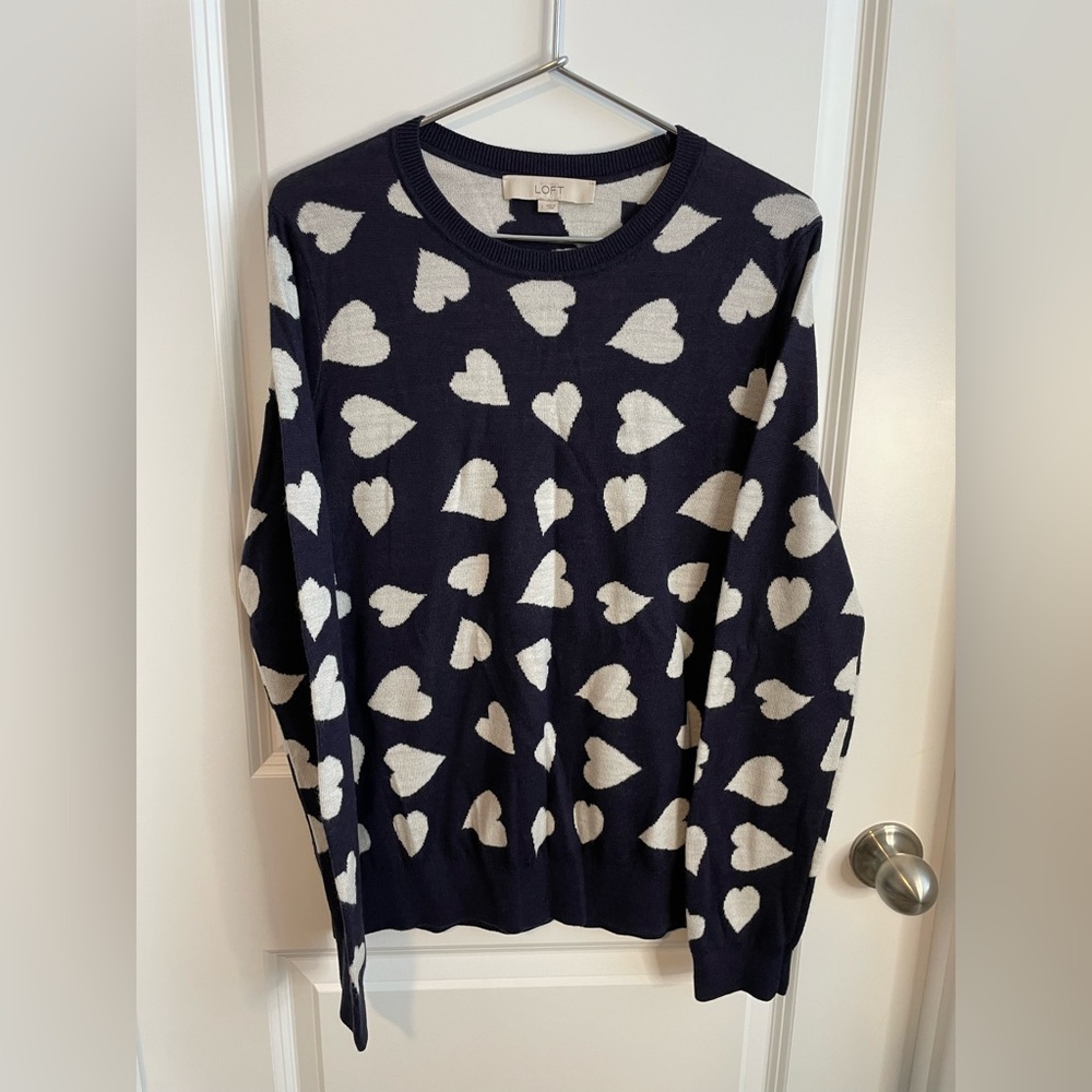 LOFT Navy White Heart Long Sleeve Pullover Sweater Top